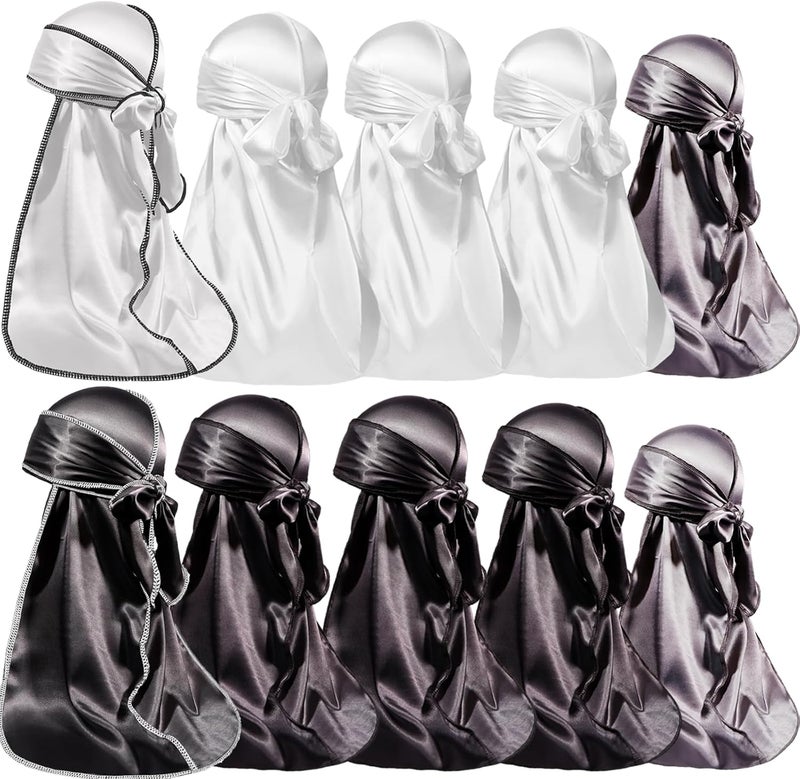 ForceWave 10 Pieces Silky Durags Long Tail for Women Men Satin Durag 360 Wave，Dorag, 10 Pieces - Image 1